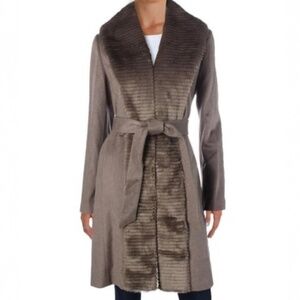 Ellen Tracy Faux Fur Trim Wool Blend Coat Color Taupe Size 6